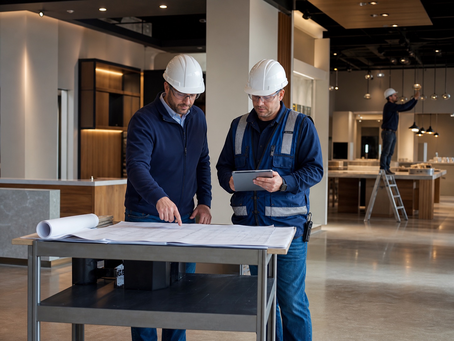 Representative concept image of project leaders reviewing plans during commercial construction closeout